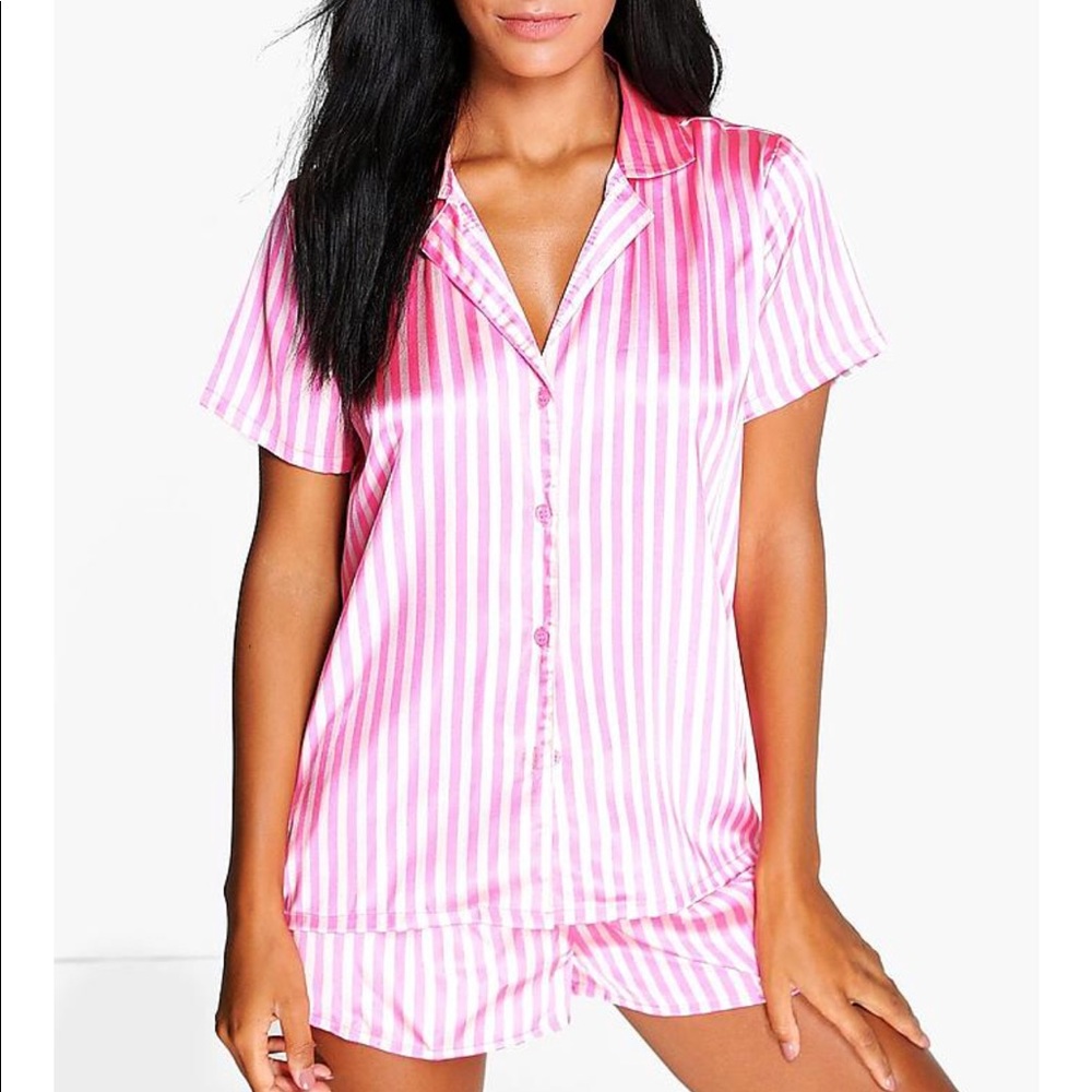 Boohoo Pink Striped Silk PJ short set- Med